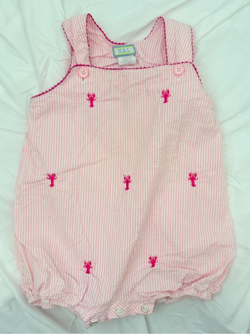Pink Striped Lobster Embroidered Baby Bubble Romper